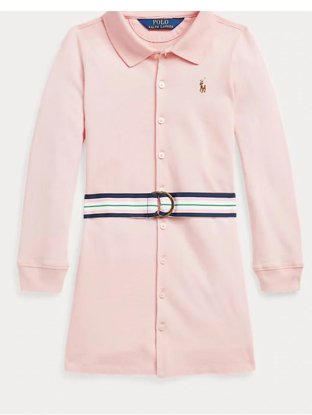 Ralph Lauren Light Pink Button-Front Oxford Knit Polo Dress with Striped Belt